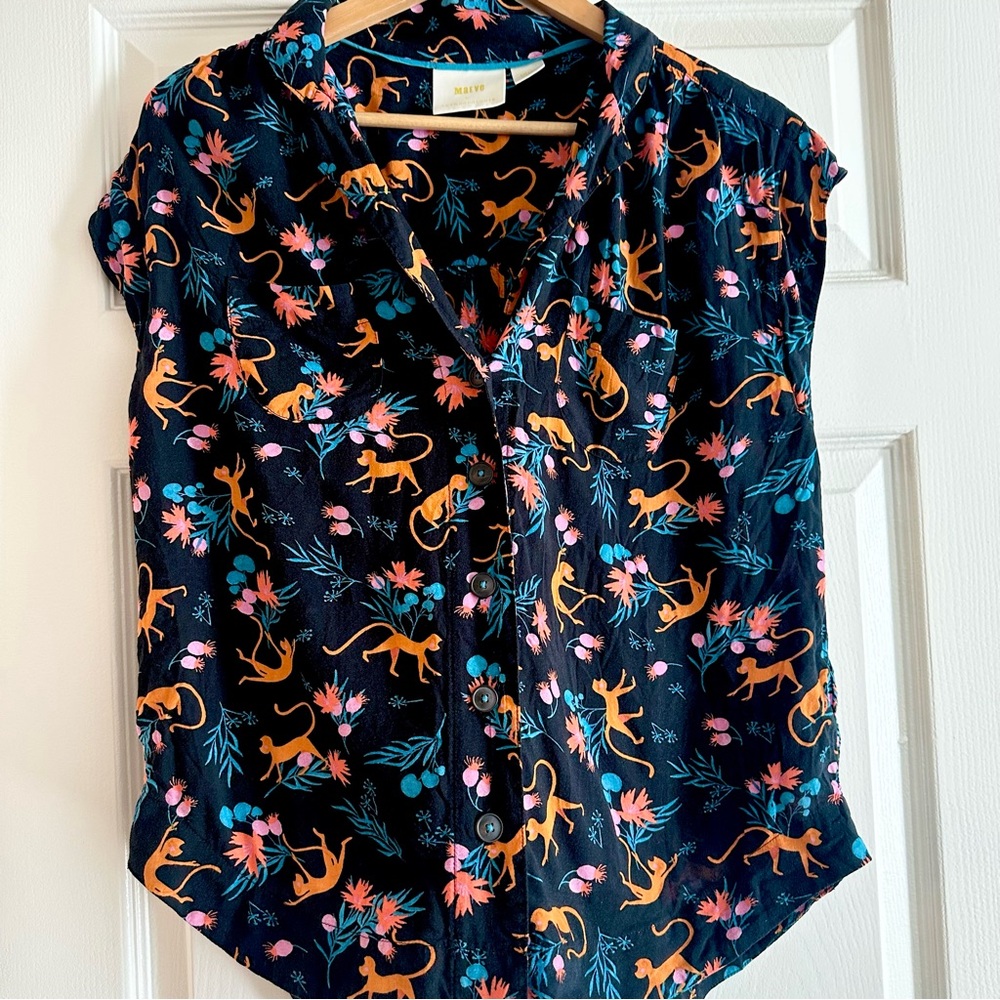 Anthropologie Maeve Monkey Print Blouse Black Safari Orange Pink Floral Top S - Picture 2 of 10